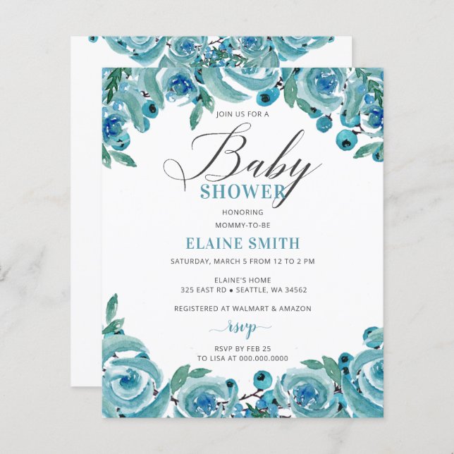 Budget Blue Blommigt Boy Baby Shower-inbjudan (Fram/baksida)