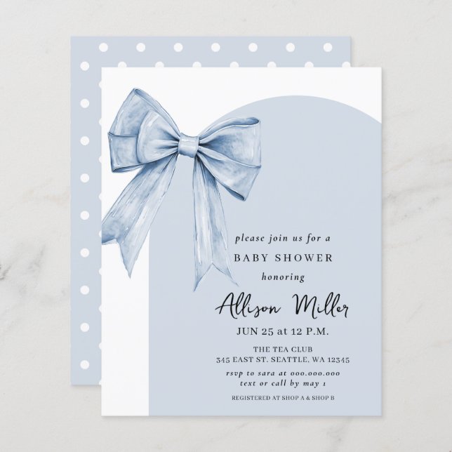 Budget Blue Bow Coquette Boy Baby Shower Invite (Fram/baksida)