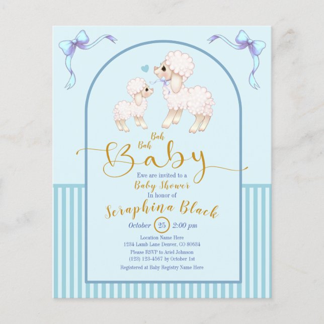 BUDGET Blue Boy Lamb Baby Shower-inbjudan (Framsida)