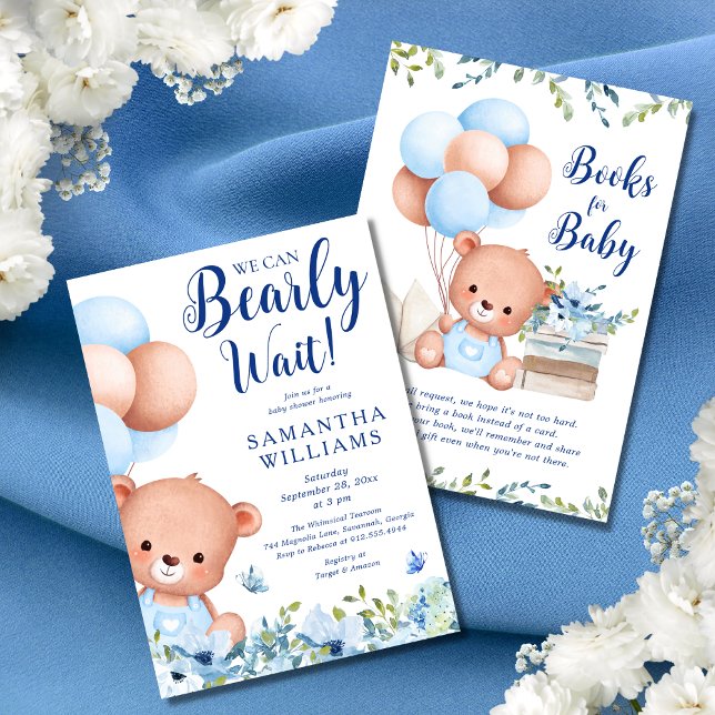 Budget Blue Boy Nalle Bokar for Baby Shower Inbjudningar (This baby shower invitation features a cut teddy bear and blue balloons surrounded by wildflowers.)
