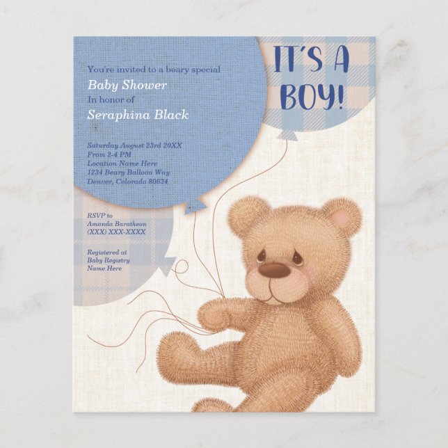 BUDGET Blue Boys Nalle Baby Shower Inbjudan (Framsida)