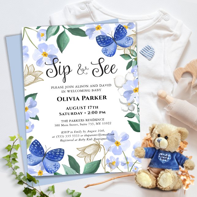 Budget Blue Butterfly Boy Baby Sip och See Inbjuda (Skapare uppladdad)