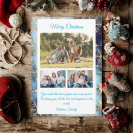 Budget Blue Christmas Plaid  3 Photo Holiday Card Julkort