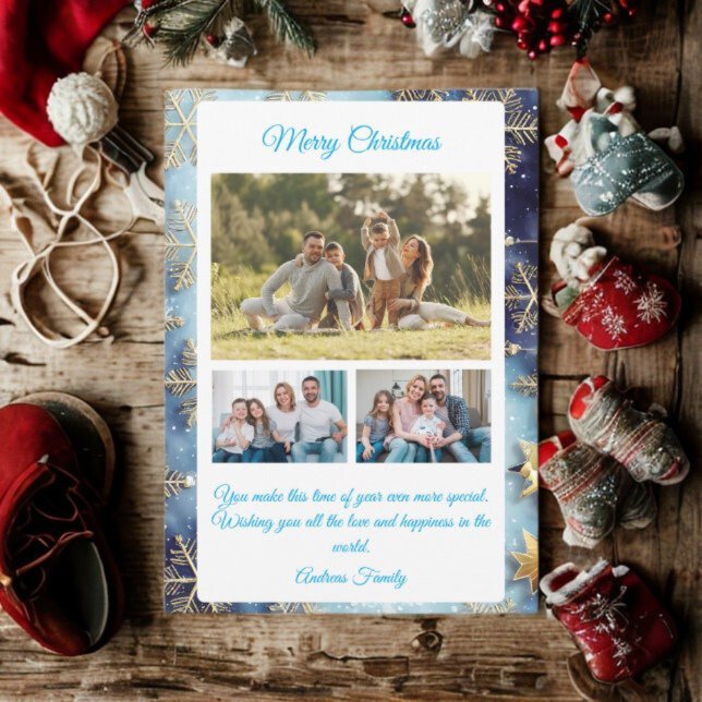 Budget Blue Christmas Plaid  3 Photo Holiday Card Julkort (Skapare uppladdad)