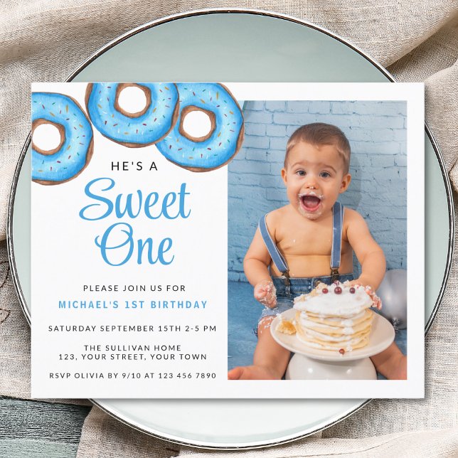 Budget Blue Donut Photo Boy's 1a Birthday Inbjudan (Skapare uppladdad)
