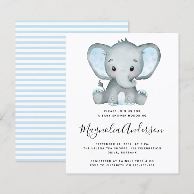 BUDGET Blue Elephant Baby Shower-inbjudan (Fram/baksida)