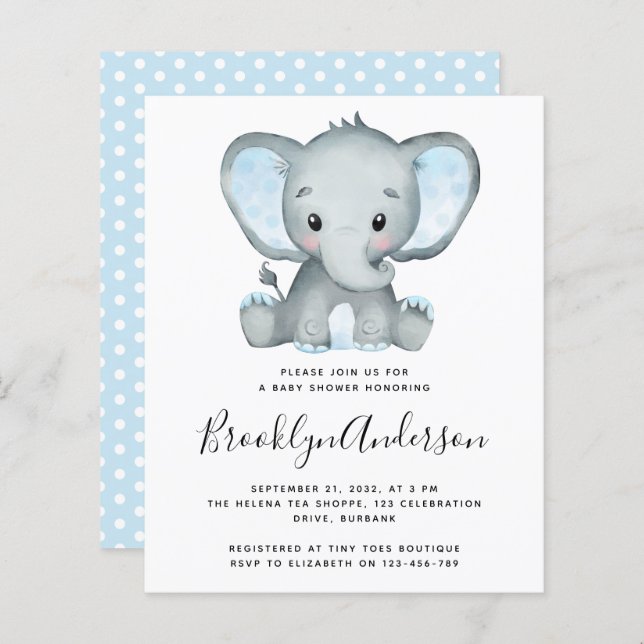 BUDGET Blue Elephant Baby Shower-inbjudan (Fram/baksida)