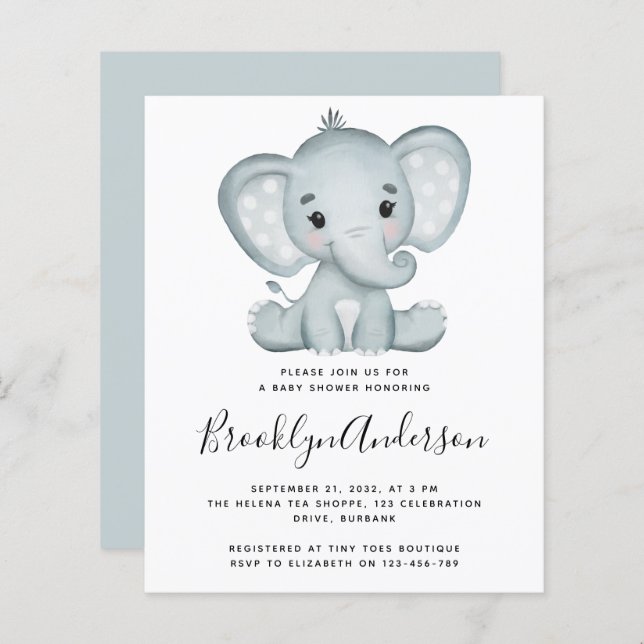 BUDGET Blue Elephant Baby Shower-inbjudan (Fram/baksida)