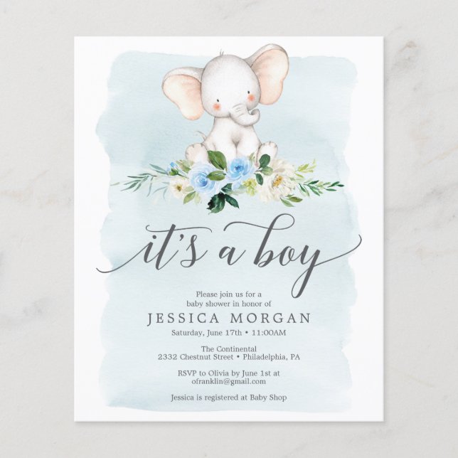 Budget Blue Elephant Boy Baby Shower Invitation Flygblad (Framsidan)