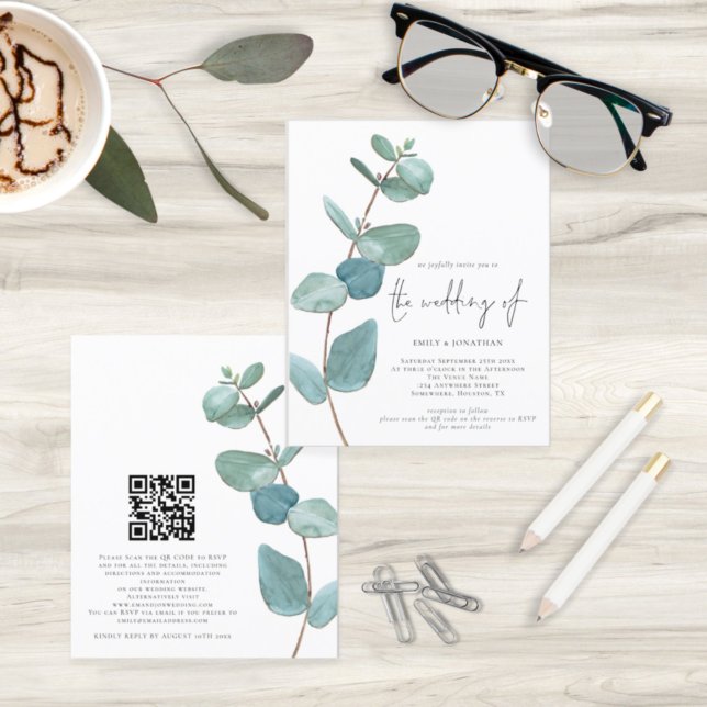 Budget Blue Eucalyptus QR Code Wedding bjudande (Skapare uppladdad)