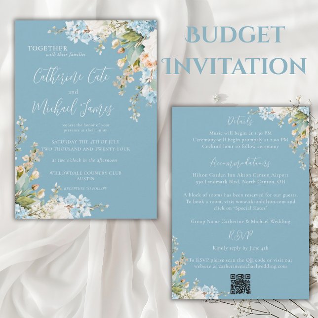 Budget Blue Floral Hydrangea Elegant Wedding Inbjudningar (Skapare uppladdad)