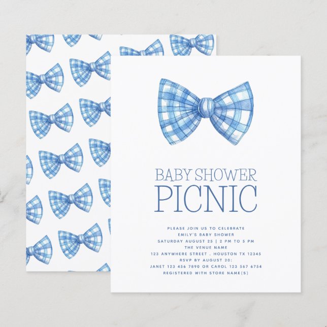 Budget Blue Gingham Bow Tie Baby Shower Picnic (Fram/baksida)