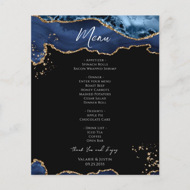 Budget Blue Guld Glitter Marble Bröllop Menu Flygblad (Framsidan)