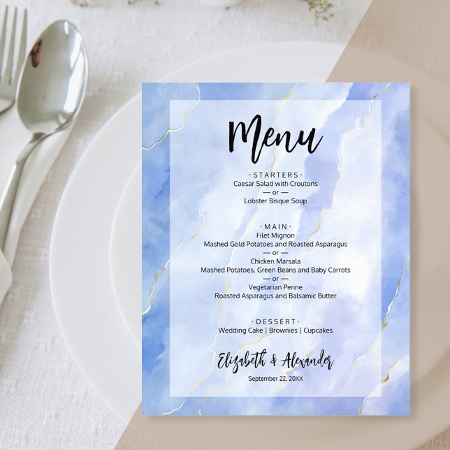 Budget Blue Guld Marble Bröllop Menu Flygblad (Skapare uppladdad)