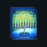 Budget Blue Hanukkah Menorah Shine Bright Card<br><div class="desc">"Shine bright hela säsongen." Vita kalligrafskript och en konstgjord, närliggande fotoillustration av en ljus, färgstark, blå menorah hjälper dig att gå in i helgdag av Hanukkah. Känn julhelgens värme och glädje när du skickar det här fantastiska, färgstarka Hanukkah-budgetkortet. Matchningshöljen, klistermärken, tote bags, papper förpackning, serveringsbrickor och andra produkter finns i...</div>