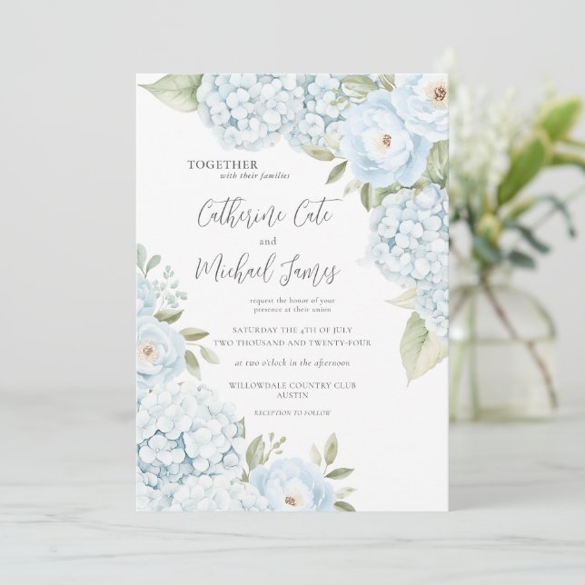 Budget Blue Hydrangea Elegant Floral Wedding  Inbjudningar (Stående Fram)