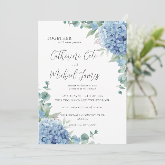 Budget Blue Hydrangea Floral Elegant Wedding Inbjudningar (Stående Fram)