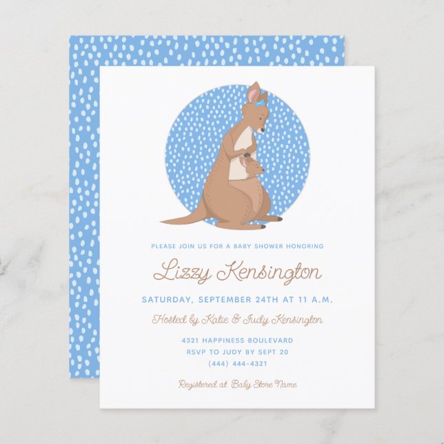 Budget Blue Kangaroo Boy Baby Shower-inbjudan (Fram/baksida)