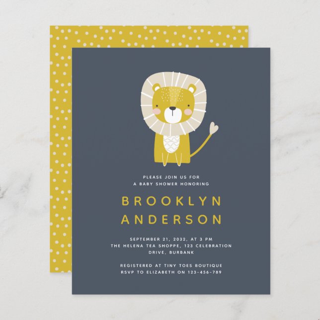 BUDGET Blue Lejon Boy Baby Shower-inbjudan (Fram/baksida)