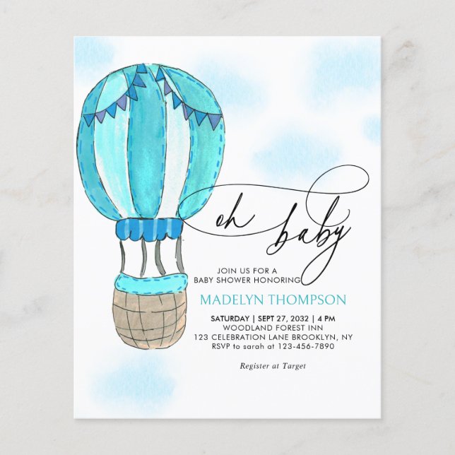 BUDGET Blue Luft Ballon Calligraphy Oh Baby Shower (Framsida)