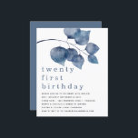 Budget Blue Modern Foliage tjugoförsta Inbjudan<br><div class="desc">Blåmodern Foliage tjugoförsta Inbjudan. Ett budgetvänligt SMALLER-alternativ på 4, 5 x 5, 6 tum. Finns på ett SEMI GLOSS 110 lb-kort LAGRAR eller ett SATIN AVSLUTAR 80 lb TINNER PAPPRA LAGRAR. Kuvert är ett valfritt extra. Informellt stil. Modern stora vattenfärgsdjup blå löv dekorerar överkanten och överskriften är stor nedanför i...</div>
