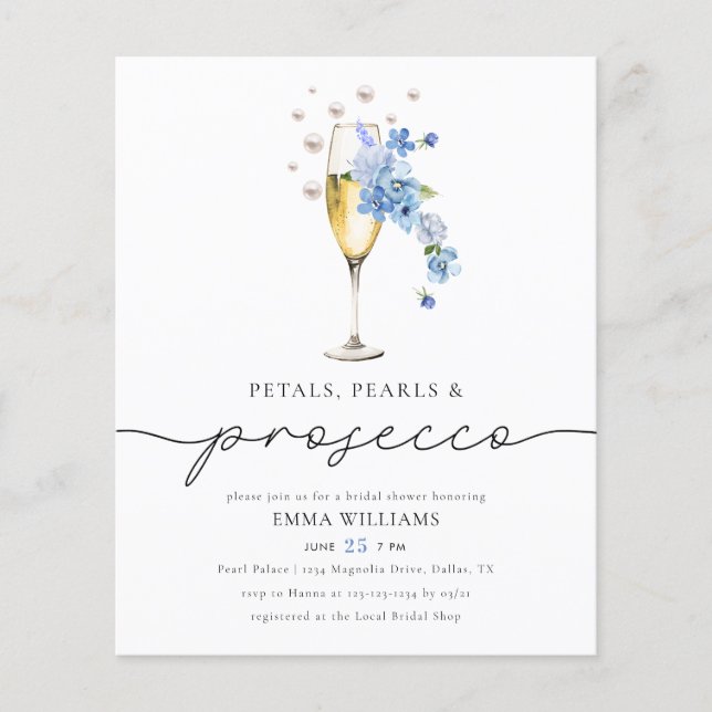 BUDGET Blue Petals Pearls & Prosecco Möhippa Flygblad (Framsidan)