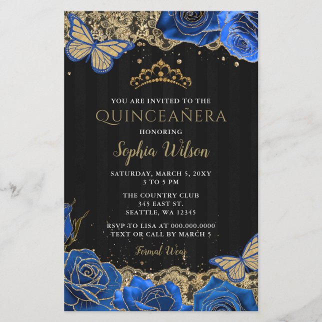 Budget Blue Ro Black GoldQuinceañera-inbjudan (Framsida)