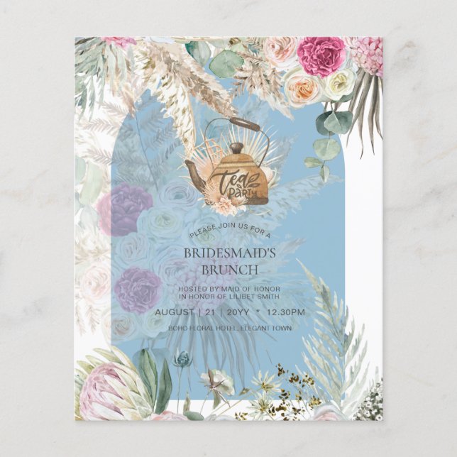 BUDGET Blue Rosa Pampas Grass Tea Party Shower Flygblad (Framsidan)