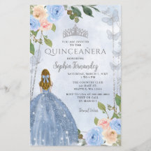 Budget Blue Silver Blommigt Princess Quinceañera