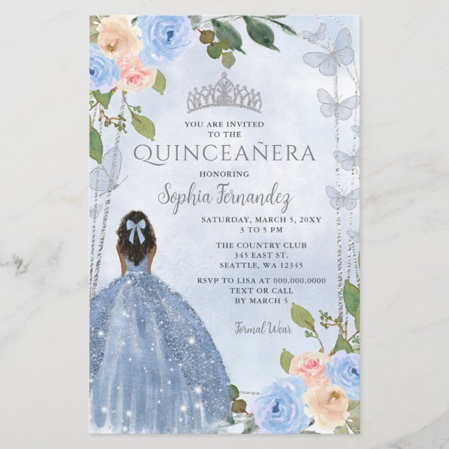 Budget Blue Silver Blommigt Princess Quinceañera (Framsida)