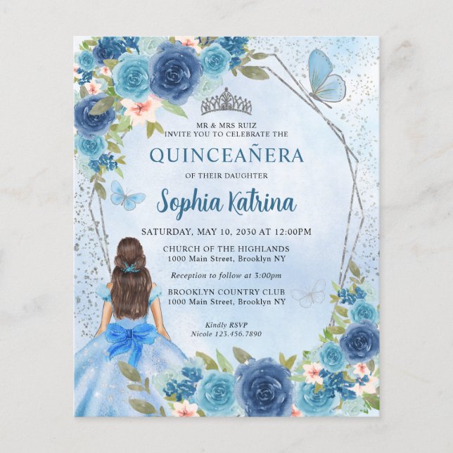 Budget Blue Silver Blommigt Princess Quinceañera (Framsida)