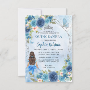 Budget Blue Silver Blommigt Princess Quinceañera Anteckningskort