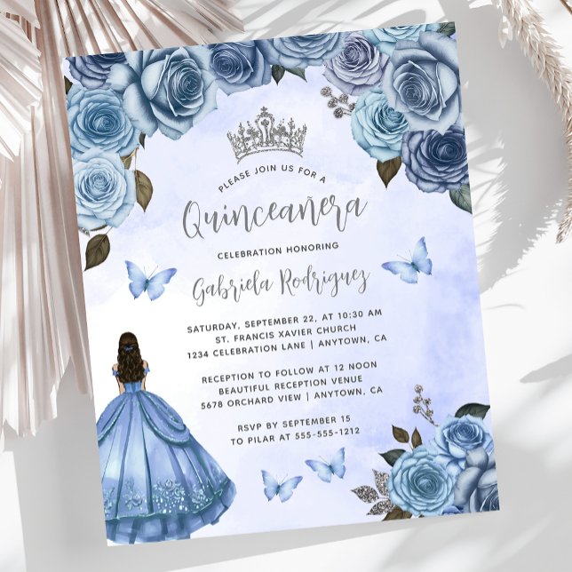 Budget Blue Silver Blommigt Quinceañera Inbjudan (Skapare uppladdad)