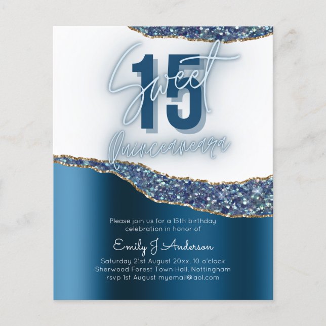 BUDGET Blue Silver Foil Glitter Quinceanera 15:e Flygblad (Framsidan)