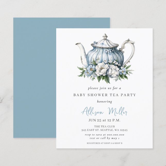 Budget Blue Tea Party Boy Baby Shower Inbjudan (Fram/baksida)