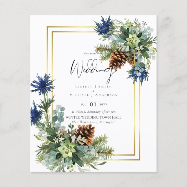 BUDGET Blue Thistle Eucalyptus Bröllop Wonderland Flygblad (Framsidan)