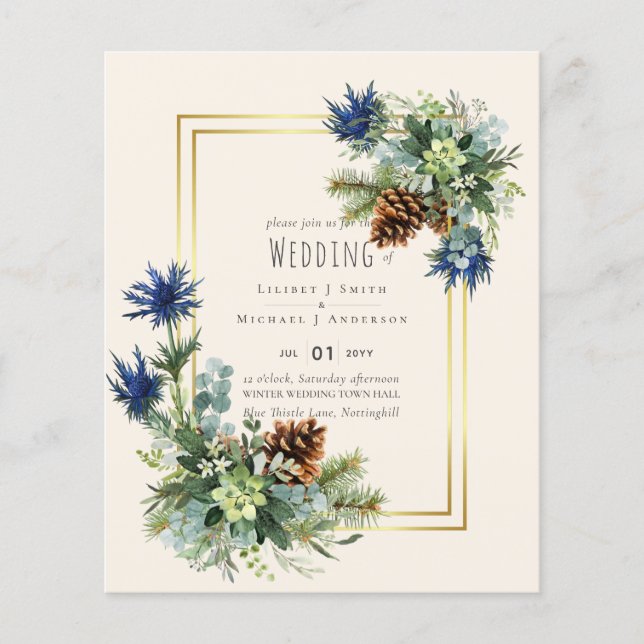 BUDGET Blue Thistle Eucalyptus Bröllop Wonderland Flygblad (Framsidan)
