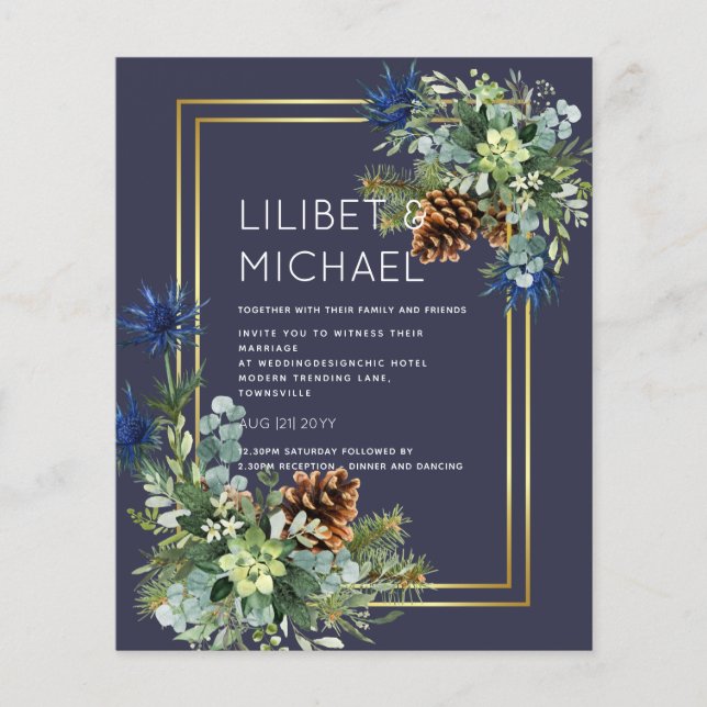 BUDGET Blue Thistle Eucalyptus Bröllop Wonderland Flygblad (Framsidan)