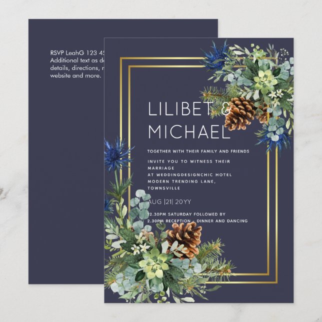 BUDGET Blue Thistle Eucalyptus Bröllop Wonderland Inbjudningar (Fram/baksida)