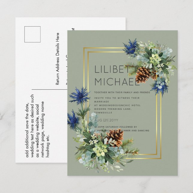 BUDGET Blue Thistle Eucalyptus Bröllop Wonderland Vykort (Fram/baksida)