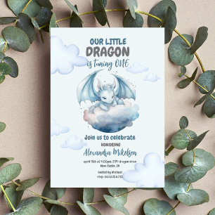 Budget Blue Watercolor Dragon Baby 1:a födelsedag Reklamblad
