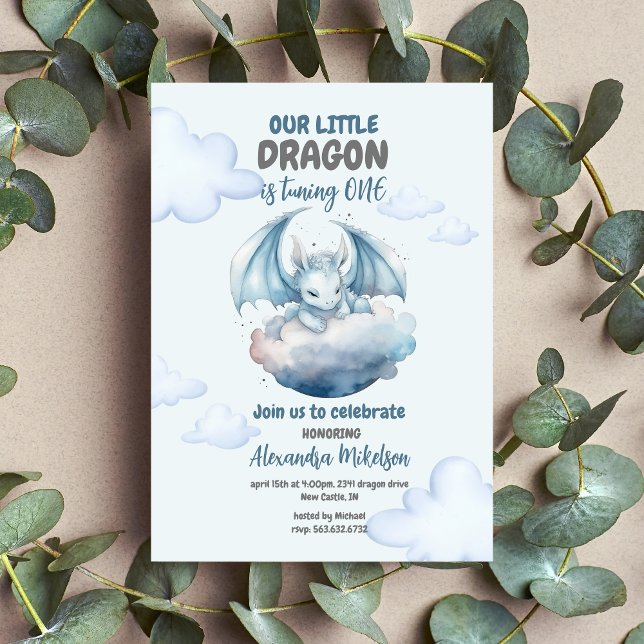 Budget Blue Watercolor Dragon Baby 1:a födelsedag Reklamblad ("Create Magic with Cute Watercolor Dragon Baby 1st Birthday Invitation )