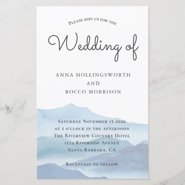 Budget Blue Watercolor Mountain Wedding bjudande (Framsida)