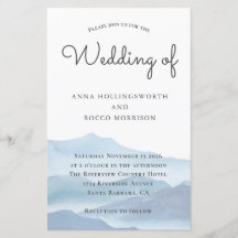 Budget Blue Watercolor Mountain Wedding bjudande