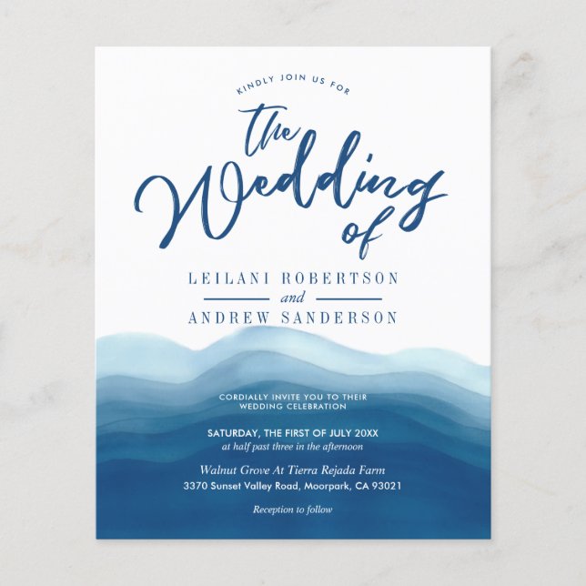 Budget Blue Watercolor Wave Wedding bjudande (Framsida)