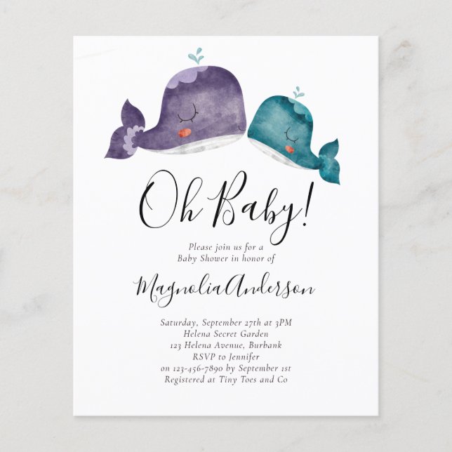 BUDGET Blue Whale Oh Baby Shower-inbjudan (Framsida)