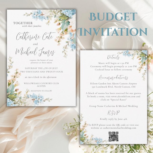 Budget Blue & White Floral Elegant Wedding Inbjudningar (Skapare uppladdad)