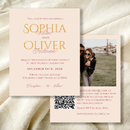 Budget blush and gold Photo QR code wedding invite