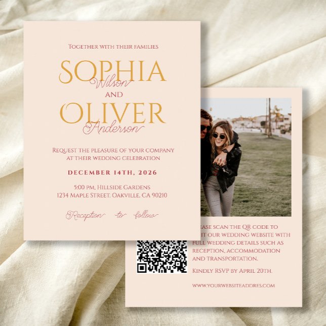 Budget blush and gold Photo QR code wedding invite (Skapare uppladdad)
