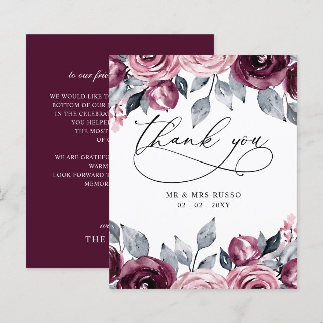 Budget Blush Burgundy Wedding Thank You Card (Fram/baksida)
